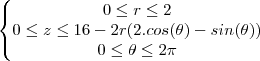 \left\{\begin{matrix}
0\leq r\leq 2\\ 
0\leq z\leq 16-2r(2.cos(\theta )-sin(\theta ))\\ 
0\leq \theta \leq 2\pi 
\end{matrix}\right.