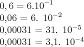 0,6 = 6.{10}^{-1}
0,06 = 6. {10}^{-2}
0,00031 = 31. {10}^{-5}
0,00031 = 3,1. {10}^{-4} 0,6 = 6.{10}^{-1}
0,06 = 6. {10}^{-2}
0,00031 = 31. {10}^{-5}
0,00031 = 3,1. {10}^{-4}