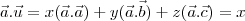 \vec a . \vec u= x( \vec a . \vec a) + y( \vec a. \vec b) + z(\vec a. \vec c) = x