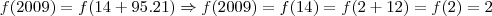 f(2009)=f(14+95.21)\Rightarrow f(2009)=f(14)=f(2+12)=f(2)=2 f(2009)=f(14+95.21)\Rightarrow f(2009)=f(14)=f(2+12)=f(2)=2