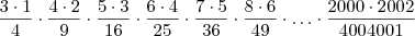 \frac{3\cdot 1}{4} \cdot \frac{4\cdot 2}{9} \cdot \frac{5 \cdot 3}{16} \cdot \frac{6\cdot 4}{25} \cdot \frac{7 \cdot 5}{36} \cdot \frac{8\cdot 6}{49} \cdot \ldots \cdot \frac{2000\cdot 2002}{4004001}