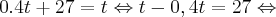0.4t + 27 = t \Leftrightarrow t - 0,4t = 27 \Leftrightarrow 0.4t + 27 = t \Leftrightarrow t - 0,4t = 27 \Leftrightarrow