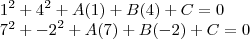 {1}^{2} + {4}^{2} + A(1) + B(4) + C = 0

{7}^{2} + {-2}^{2} + A(7) + B(-2) + C = 0