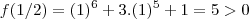 f(1/2) = (1)^{6} + 3.(1)^{5} + 1 = 5 >0 f(1/2) = (1)^{6} + 3.(1)^{5} + 1 = 5 >0