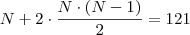 N+2 \cdot \frac{N \cdot(N-1)}{2}=121 N+2 \cdot \frac{N \cdot(N-1)}{2}=121