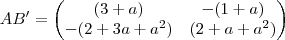 AB' = \begin{pmatrix} (3+a) & -(1+a)  \\ -(2+3a+a^2)  & (2+a+a^2)  \end{pmatrix}