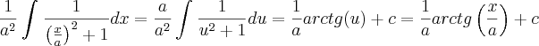 \frac{1}{a^2}\int_{}^{}\frac{1}{\left(\frac{x}{a} \right)^2+1}dx=\frac{a}{a^2}\int_{}^{}\frac{1}{u^2+1}du=\frac{1}{a}arctg (u) +c = \frac{1}{a}arctg\left(\frac{x}{a} \right)+c