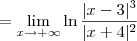 = \lim_{x\to +\infty} \ln \frac{|x - 3|^3}{|x + 4|^2} = \lim_{x\to +\infty} \ln \frac{|x - 3|^3}{|x + 4|^2}