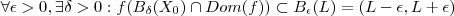 \forall \epsilon > 0  , \exists \delta > 0  :    f(B_{\delta}(X_0) \cap Dom(f)) \subset B_{\epsilon}(L) = (L- \epsilon , L + \epsilon )