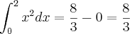 \int_{0}^2 x^2dx = \frac{8}{3}-0=\frac{8}{3}