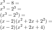 \\ x^3 - 8 = \\ x^3 - 2^3 = \\ (x^3 - 2^3) = \\ (x - 2)(x^2 + 2x + 2^2) = \\ (x - 2)(x^2 + 2x + 4)