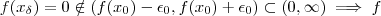 f(x_{\delta}) =  0  \notin ( f(x_0) - \epsilon_0 ,  f(x_0) + \epsilon_0 ) \subset (0 , \infty )  \implies  f
