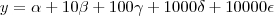 y = \alpha + 10 \beta + 100 \gamma + 1000 \delta + 10000 \epsilon y = \alpha + 10 \beta + 100 \gamma + 1000 \delta + 10000 \epsilon