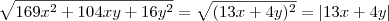 \sqrt{169x^2 +104xy +16y^2} = \sqrt{(13x+4y)^2} = |13x+4y|