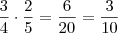\frac{3}{4} \cdot \frac{2}{5} = \frac{6}{20} = \dfrac{3}{10}