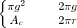 \left\{
\begin{matrix}
\pi g^2 & \;\;\; & 2\pi g \\
A_c & \;\;\; & 2\pi r
\end{matrix}
\right.