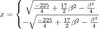 x=\left\{\begin{matrix}
\sqrt{\frac{-225}{4}+\frac{17}{2}\beta ^{2}-\frac{\beta^{4}}{4}}\\ 
-\sqrt{\frac{-225}{4}+\frac{17}{2}\beta ^{2}-\frac{\beta^{4}}{4}}
\end{matrix}\right.