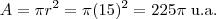 A = \pi r^2 = \pi (15)^2 = 225 \pi \; \mbox{u.a.} A = \pi r^2 = \pi (15)^2 = 225 \pi \; \mbox{u.a.}