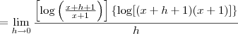 = \lim_{h\to 0}\frac{\left[\log\left(\frac{x+h+1}{x+1}\right)\right]\left\{\log[(x+h+1)(x+1)]\right\}}{h}