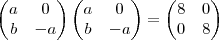 \begin{pmatrix}
   a & 0  \\ 
   b & -a 
\end{pmatrix}\begin{pmatrix}
   a & 0  \\ 
   b & -a 
\end{pmatrix}=
\begin{pmatrix}
   8 & 0  \\ 
   0 & 8 
\end{pmatrix}