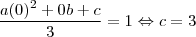 \frac{a(0)^2+0b+c}{3}=1\Leftrightarrow c=3 \frac{a(0)^2+0b+c}{3}=1\Leftrightarrow c=3