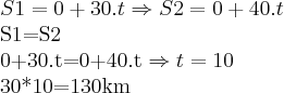 S1=0+30.t \Rightarrow S2=0+40.t


S1=S2

0+30.t=0+40.t \Rightarrow t=10 

30*10=130km