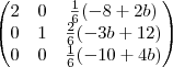 \begin{pmatrix}
   2 & 0 & \frac{1}{6}(-8+2b)  \\ 
   0 & 1 & \frac{2}{6}(-3b+12) \\
   0 & 0 & \frac{1}{6}(-10+4b)
\end{pmatrix}