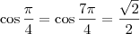 \cos \frac{\pi}{4} = \cos \frac{7\pi}{4} = \frac{\sqrt{2}}{2}