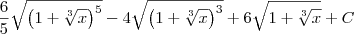 \frac{6}{5}\sqrt{\left(1+\sqrt[3]{x}\right)^5} - 4\sqrt{\left(1+\sqrt[3]{x}\right)^3} + 6\sqrt{1+\sqrt[3]{x}} + C