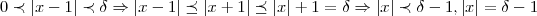 0\prec\left|x-1 \right|\prec \delta\Rightarrow \left|x-1 \right|\preceq \left|x+1 \right| \preceq \left|x \right|+1 = \delta \Rightarrow \left|x \right|\prec \delta -1,\left|x \right|=\delta -1 0\prec\left|x-1 \right|\prec \delta\Rightarrow \left|x-1 \right|\preceq \left|x+1 \right| \preceq \left|x \right|+1 = \delta \Rightarrow \left|x \right|\prec \delta -1,\left|x \right|=\delta -1