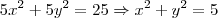 5x^2 + 5y^2 = 25 \Rightarrow x^2 + y^2 = 5 5x^2 + 5y^2 = 25 \Rightarrow x^2 + y^2 = 5