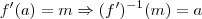 f'(a)=m \Rightarrow (f^\prime)^{-1}(m) = a f'(a)=m \Rightarrow (f^\prime)^{-1}(m) = a