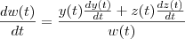 \frac{d w(t)}{dt} = \frac{ y(t) \frac{dy(t)}{d t} + z(t) \frac{d z(t)}{dt}}{w(t)} \frac{d w(t)}{dt} = \frac{ y(t) \frac{dy(t)}{d t} + z(t) \frac{d z(t)}{dt}}{w(t)}