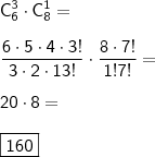 \\ \mathsf{C_{6}^{3} \cdot C_{8}^{1} =} \\\\ \mathsf{\frac{6 \cdot 5 \cdot 4 \cdot 3!}{3 \cdot 2 \cdot 1 3!} \cdot \frac{8 \cdot 7!}{1!7!} =} \\\\ \mathsf{20 \cdot 8 =} \\\\ \boxed{\mathsf{160}}