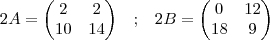 2A =
\begin{pmatrix}
2 & 2 \\
10 & 14
\end{pmatrix}
\;\;\; ; \;\;\;
2B =
\begin{pmatrix}
0 & 12 \\
18 & 9
\end{pmatrix} 2A =
\begin{pmatrix}
2 & 2 \\
10 & 14
\end{pmatrix}
\;\;\; ; \;\;\;
2B =
\begin{pmatrix}
0 & 12 \\
18 & 9
\end{pmatrix}