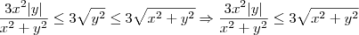 \frac{3x^2|y|} {x^2+y^2} \leq 3\sqrt{y^2} \leq 3\sqrt{x^2 + y^2} \Rightarrow \frac{3x^2|y|} {x^2+y^2} \leq 3\sqrt{x^2 + y^2} \frac{3x^2|y|} {x^2+y^2} \leq 3\sqrt{y^2} \leq 3\sqrt{x^2 + y^2} \Rightarrow \frac{3x^2|y|} {x^2+y^2} \leq 3\sqrt{x^2 + y^2}