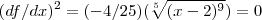 ({df/dx})^{2}=(-4/25)(\sqrt[5]{({x-2})^{9}})=0