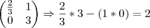 \begin{pmatrix}
   \frac{2}{3} & 1  \\ 
   0 & 3 
\end{pmatrix}
\Rightarrow \frac{2}{3}*3-(1*0)=2