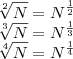 \sqrt[2]{N}={N}^{\frac{1}{2}}

\sqrt[3]{N}={N}^{\frac{1}{3}}

\sqrt[4]{N}={N}^{\frac{1}{4}}