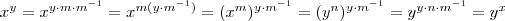 x^y = x^{y \cdot m \cdot m^{-1}} = x^{m(y \cdot m^{-1})} = (x^m)^{y \cdot m^{-1}} = (y^n)^{y \cdot m^{-1} } = y^{y \cdot n\cdot m^{-1}} = y^{x}