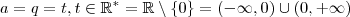 a = q = t , t\in \mathbb{R^*} = \mathbb{R}\setminus\{0\} = (-\infty ,0)\cup (0,+\infty) a = q = t , t\in \mathbb{R^*} = \mathbb{R}\setminus\{0\} = (-\infty ,0)\cup (0,+\infty)