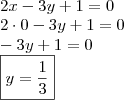 \\ 2x - 3y + 1 = 0 \\ 2 \cdot 0 - 3y + 1 = 0 \\- 3y + 1 = 0 \\ \boxed{y = \frac{1}{3}}