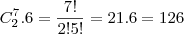 C_2^7 . 6 = \frac{7!}{2!5!} = 21 . 6 = 126