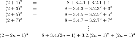 \begin{matrix}
(2+1)^3&=&8+3.4.1+3.2.1+1\\
(2+3)^3&=&8+3.4.3+3.2.3^2+3^3\\
(2+5)^3&=&8+3.4.5+3.2.5^2+5^3\\
(2+7)^3&=&8+3.4.7+3.2.7^2+7^3\\
\vdots&&\vdots\\
(2+2n-1)^3&=&8+3.4.(2n-1)+3.2.(2n-1)^2+(2n-1)^3
\end{matrix}
