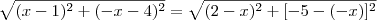 \sqrt{(x-1)^2 + (-x-4)^2} = \sqrt{(2-x)^2 + [-5-(-x)]^2}