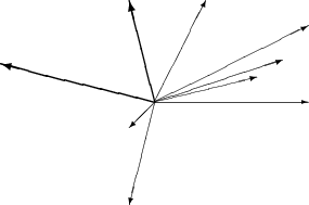 \setlength{\unitlength}{1mm}
\begin{picture}(60,40)
\put(30,20){\vector(1,0){30}}
\put(30,20){\vector(4,1){20}}
\put(30,20){\vector(3,1){25}}
\put(30,20){\vector(2,1){30}}
\put(30,20){\vector(1,2){10}}
\thicklines
\put(30,20){\vector(-4,1){30}}
\put(30,20){\vector(-1,4){5}}
\thinlines
\put(30,20){\vector(-1,-1){5}}
\put(30,20){\vector(-1,-4){5}}
\end{picture}