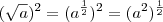 (\sqrt{a})^2=(a^{\frac{1}{2}})^2=(a^2)^{\frac{1}{2}} (\sqrt{a})^2=(a^{\frac{1}{2}})^2=(a^2)^{\frac{1}{2}}