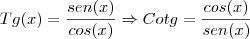 Tg(x)=\frac{sen(x)}{cos(x)}\Rightarrow Cotg=\frac{cos(x)}{sen(x)}