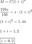 \\ M = C(1 + i)^n \\\\ \frac{216x}{150} = x \cdot (1 + i)^2 \\\\ (1 + i)^2 = 1,44 \\\\ 1 + i = 1,2 \\\\ \boxed{i = 0,2}