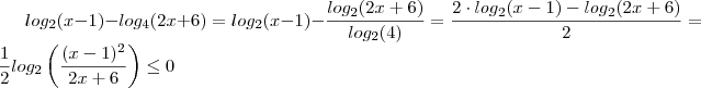 log_2 (x-1)  - log_4 (2x + 6)  =   log_2 (x-1)   -  \frac{ log_2 (2x+6) }{ log_2 (4 ) }    =   \frac{ 2 \cdot  log_2 (x-1)   -  log_2 (2x +6 ) }{2}    =     \frac{1}{2} log_2 \left( \frac{(x-1)^2 }{2x + 6 }\right) \leq 0